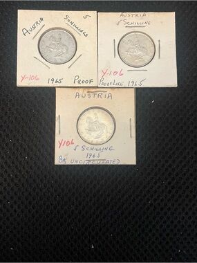 Lot of 3 1965 Austria .640 silver coins. Proof, Proof-like and BU. (MM00298)